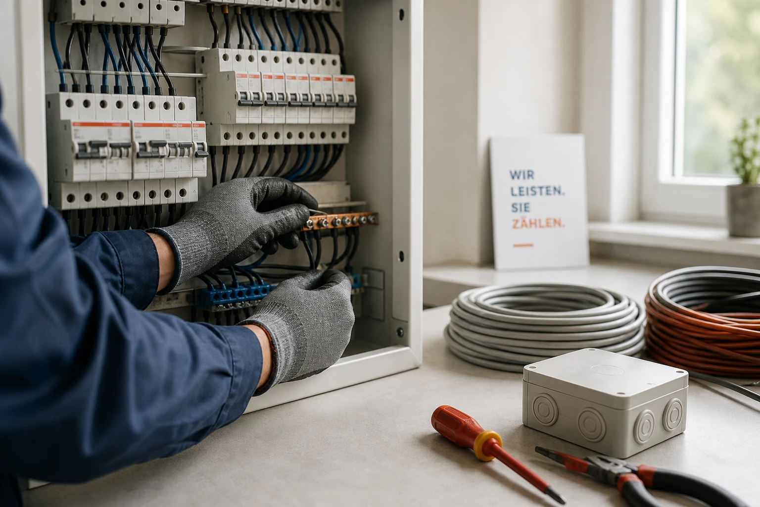 Elektriker bei der Arbeit an einem Sicherungskasten